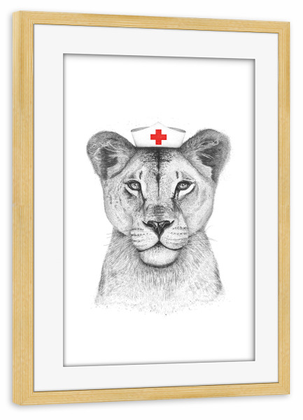 Poster mit Rahmen kiefer "Dr. Löwin" artboxONE - Tiere - Löwe,Löwin,Doktorin,Doktor,Dr.,Krankenschwester,Nurse