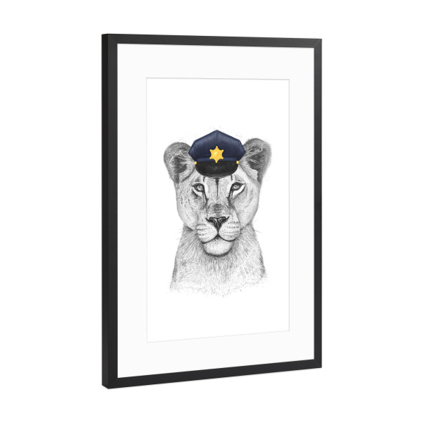 Poster mit Rahmen Schwarz (Metallic) "Polizei Löwin" artboxONE - Tiere - Löwe,Polizei,Polizist