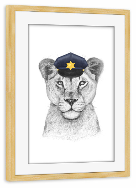 Poster mit Rahmen kiefer "Polizei Löwin" artboxONE - Tiere - Löwe,Polizei,Polizist