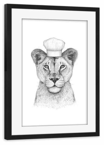 Poster mit Rahmen schwarz "Löwin Köchin" artboxONE - Tiere,Schwarzweiß - Löwin,Löwe,Koch,Köchin