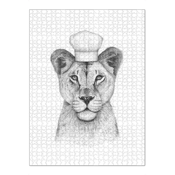 Puzzle Ravensburger "Löwin Köchin" artboxONE - Tiere,Schwarzweiß - Löwin,Löwe,Koch,Köchin - Bild löwin