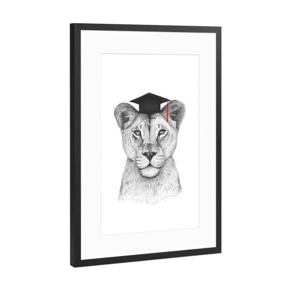Poster mit Rahmen Schwarz (Metallic) "Akademiker Löwin" artboxONE - Tiere,Schwarzweiß - Löwe,Löwin,Akademiker,Universität
