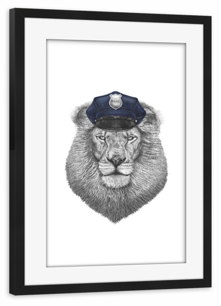 Poster mit Rahmen schwarz "Polizei Löwe" artboxONE - Tiere - Löwe,Polizei,Polizist,Policeman