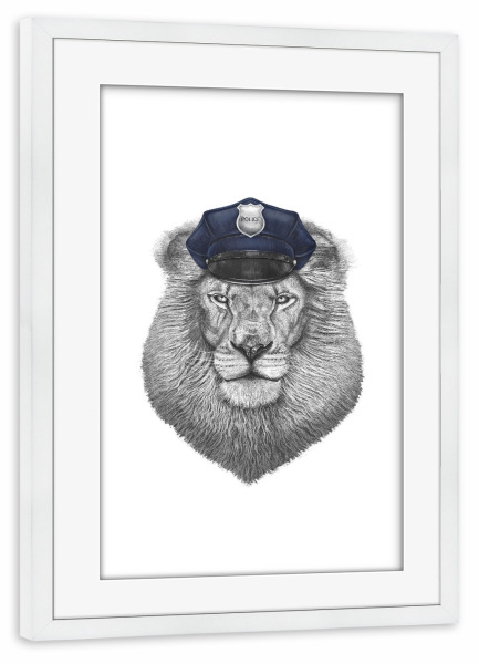 Poster mit Rahmen weiß "Polizei Löwe" artboxONE - Tiere - Löwe,Polizei,Polizist,Policeman