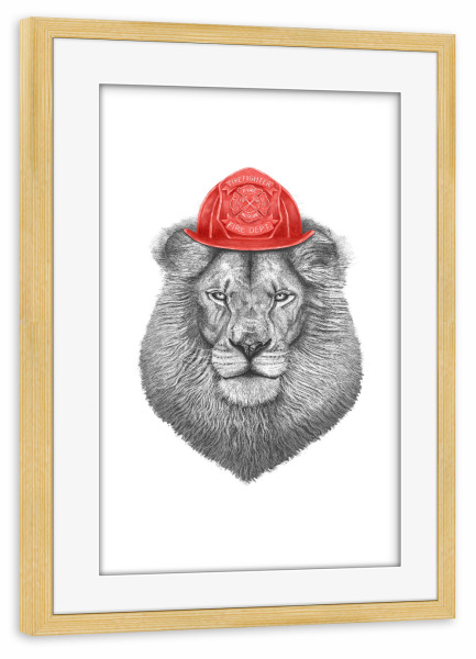 Poster mit Rahmen kiefer "Feuerwehr Löwe" artboxONE - Tiere - Feuerwehr,Helm,Beruf