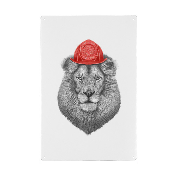 Metall Poster "Feuerwehr Löwe" artboxONE - Tiere - Feuerwehr,Helm,Beruf - Blechschild