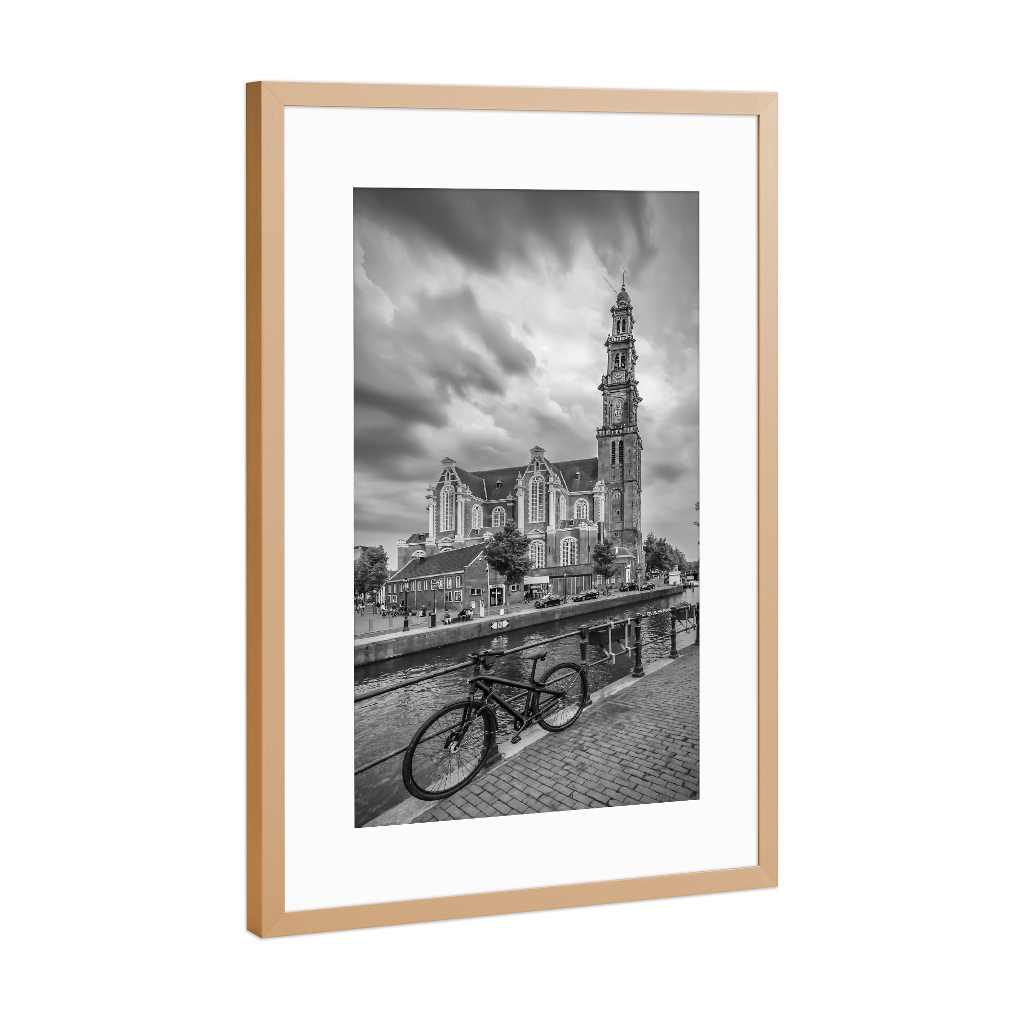 Poster mit Rahmen Kupfer "AMSTERDAM Prinsengracht" artboxONE - Schwarzweiß,Städte / Amsterdam - Amsterdam,Fahrrad,Gracht