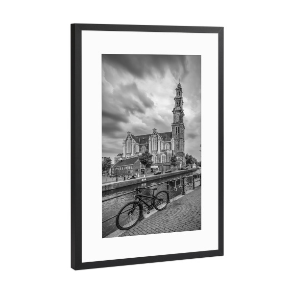 Poster mit Rahmen Schwarz (Metallic) "AMSTERDAM Prinsengracht" artboxONE - Schwarzweiß,Städte / Amsterdam - Amsterdam,Fahrrad,Gracht