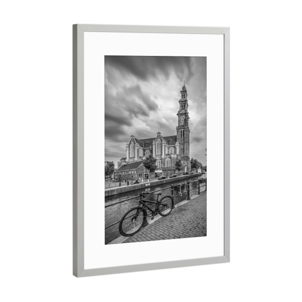 Poster mit Rahmen Silber "AMSTERDAM Prinsengracht" artboxONE - Schwarzweiß,Städte / Amsterdam - Amsterdam,Fahrrad,Gracht