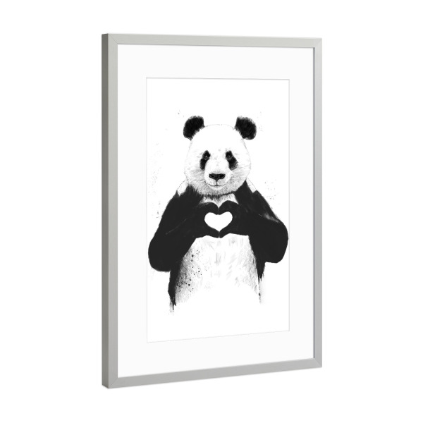 Poster mit Rahmen Silber "All you need is love Panda" artboxONE - Tiere,Schwarzweiß - Panda,Love,Heart