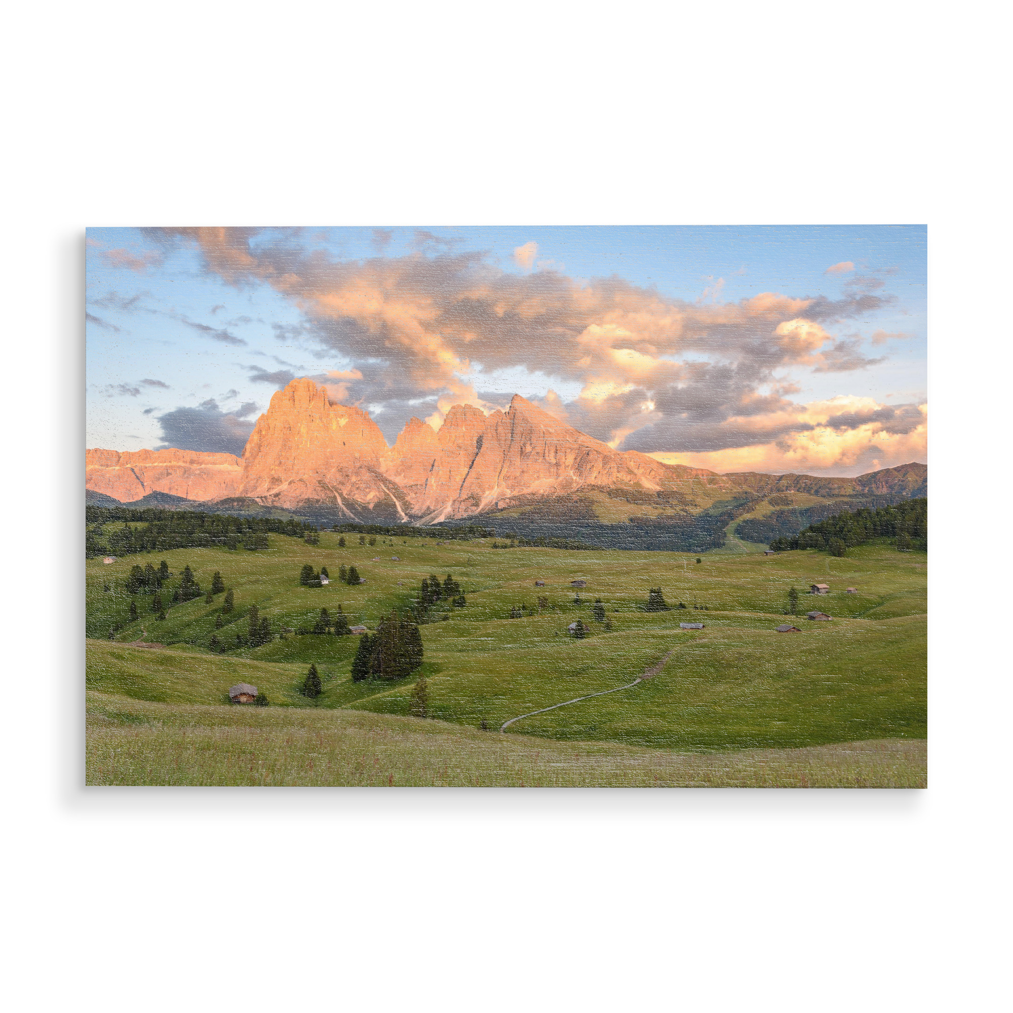 Holzbild "Alpenglühen auf der Seiser Alm" artboxONE - Natur - Südtirol,Italien,Alpen