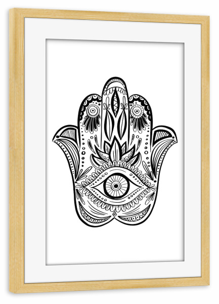 Poster mit Rahmen kiefer "Hamsa Hand Drawn" artboxONE - Abstrakt,Schwarzweiß - Yoga,Hand,Mandala