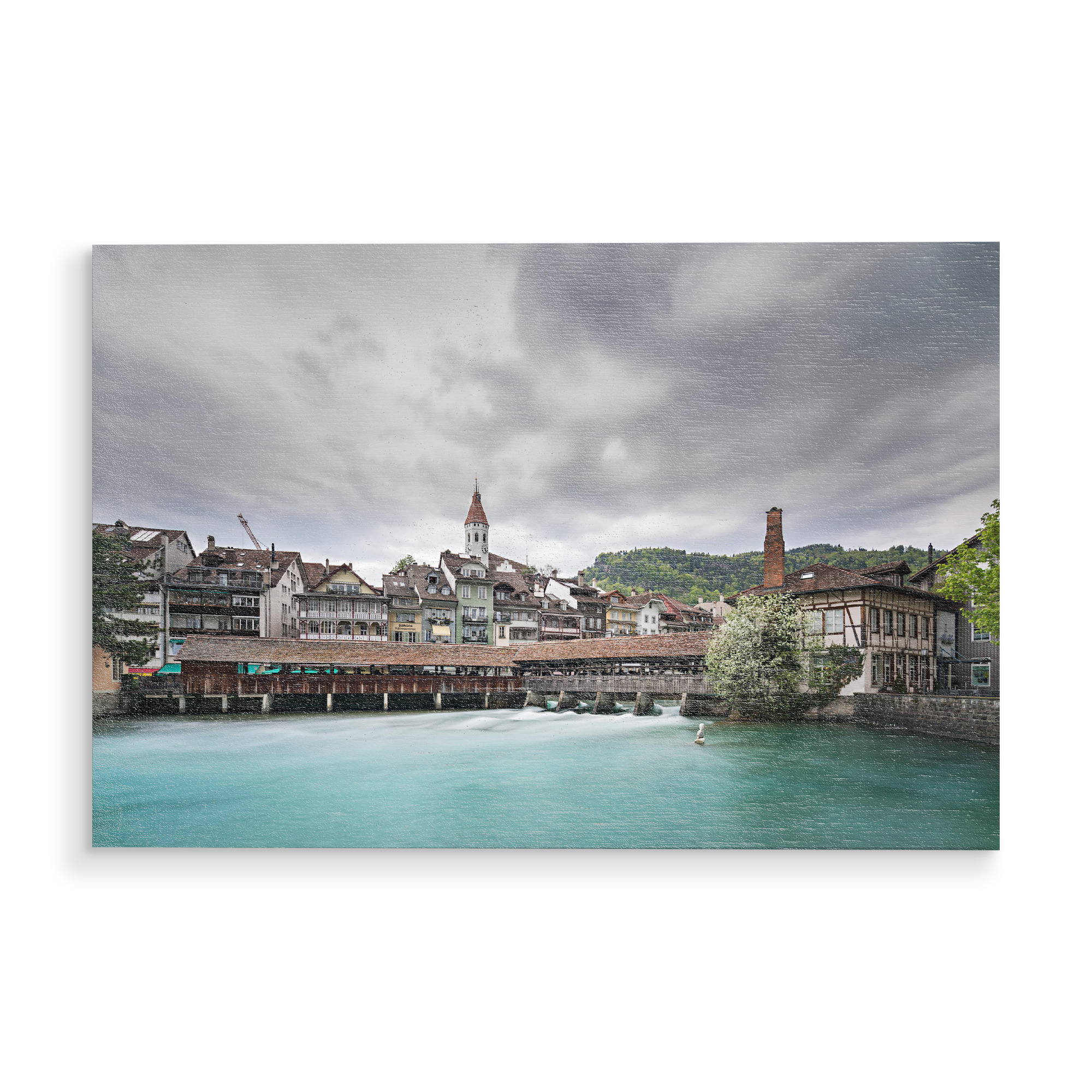 Holzbild "Untere Schleuse, Thun" artboxONE - Städte / Weitere - Thun,Bern,Stadt,Schweiz,Wolken,Wasser,Fluss,Aare