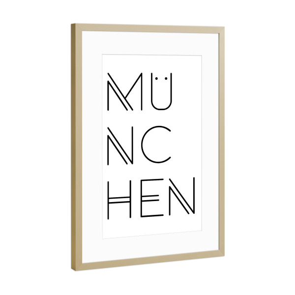 Poster mit Rahmen Gold "Typobild MÜNCHEN" artboxONE - Städte / München,Typografie,Schwarzweiß - München,Stadt,Typo,Bayern