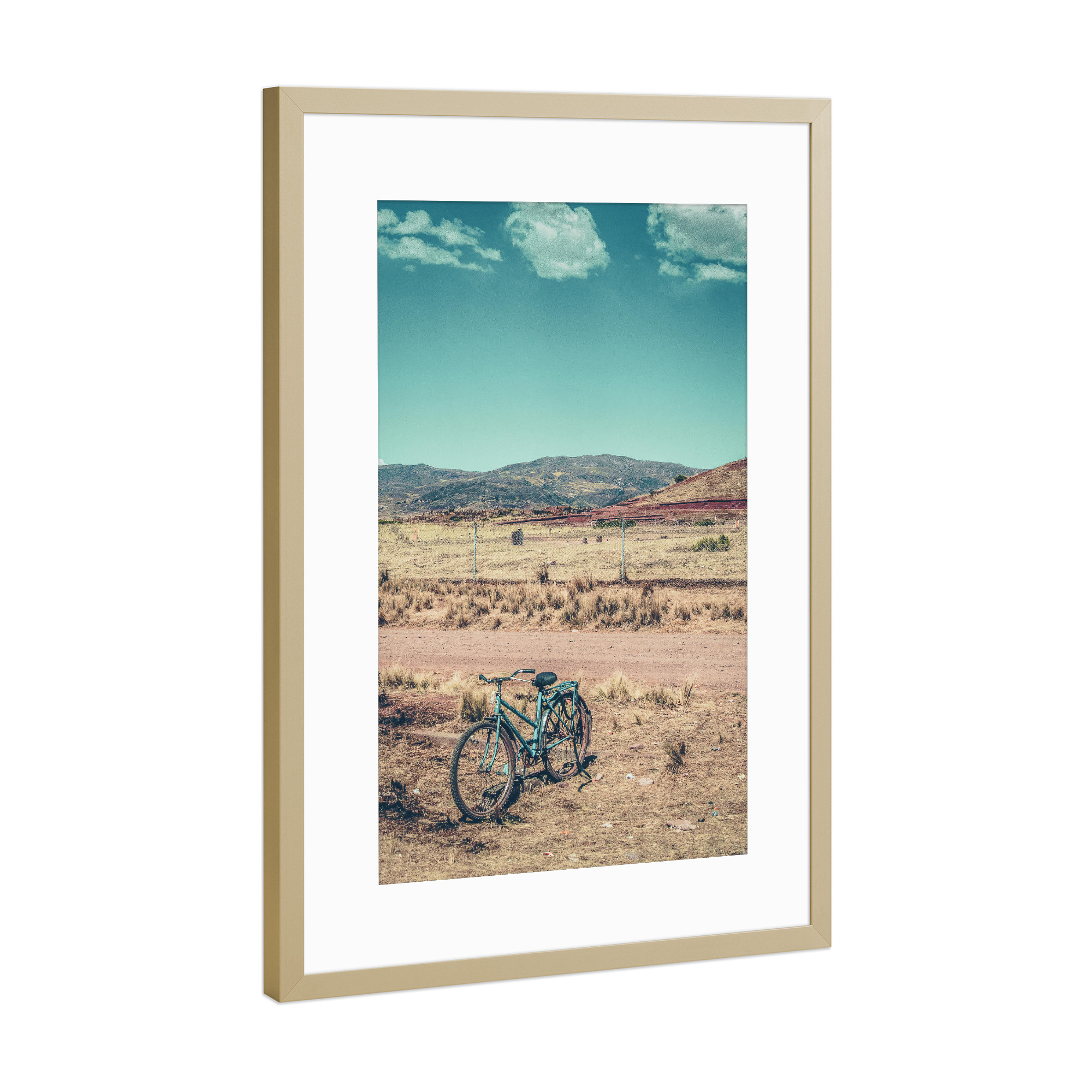 Poster mit Rahmen Gold "Bicycle in the desert" artboxONE - Natur,Reise - Landscape,Desert,Bicycle,Bike