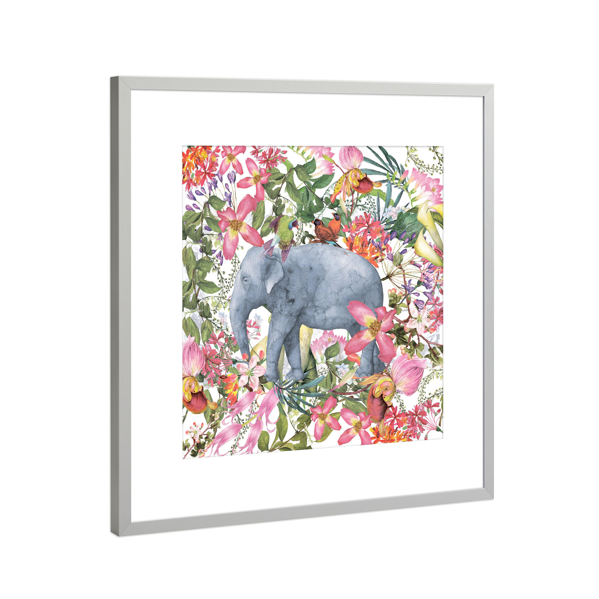 Poster mit Rahmen Silber "Elefant im Blumen Dschungel" artboxONE - Tiere - Elefant,Blumen