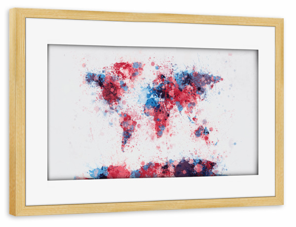 Poster mit Rahmen kiefer "World Map Paint Splashes Pink" artboxONE - Reise - Weltkarte,Welt,Karte