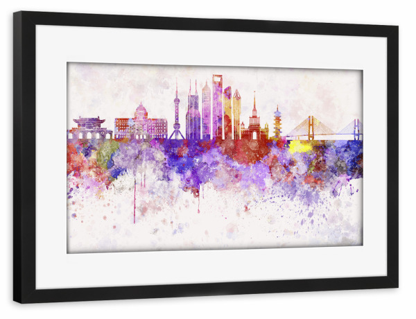 Poster mit Rahmen schwarz "Shanghai V2 skyline in watercolor" artboxONE - Städte / Shanghai - Shanghai,China,Skyline