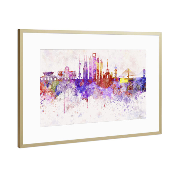 Poster mit Rahmen Gold "Shanghai V2 skyline in watercolor" artboxONE - Städte / Shanghai - Shanghai,China,Skyline