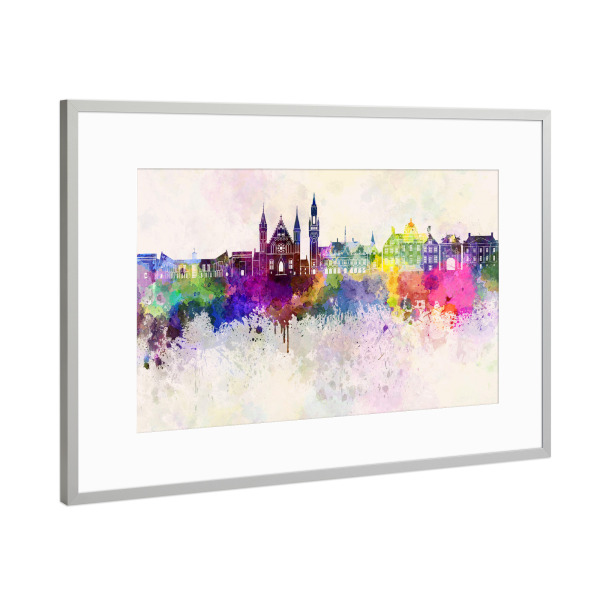 Poster mit Rahmen Silber "The Hague V2 skyline in watercolor" artboxONE - Städte / Weitere - Hague,Netherlands,Holland,Skyline