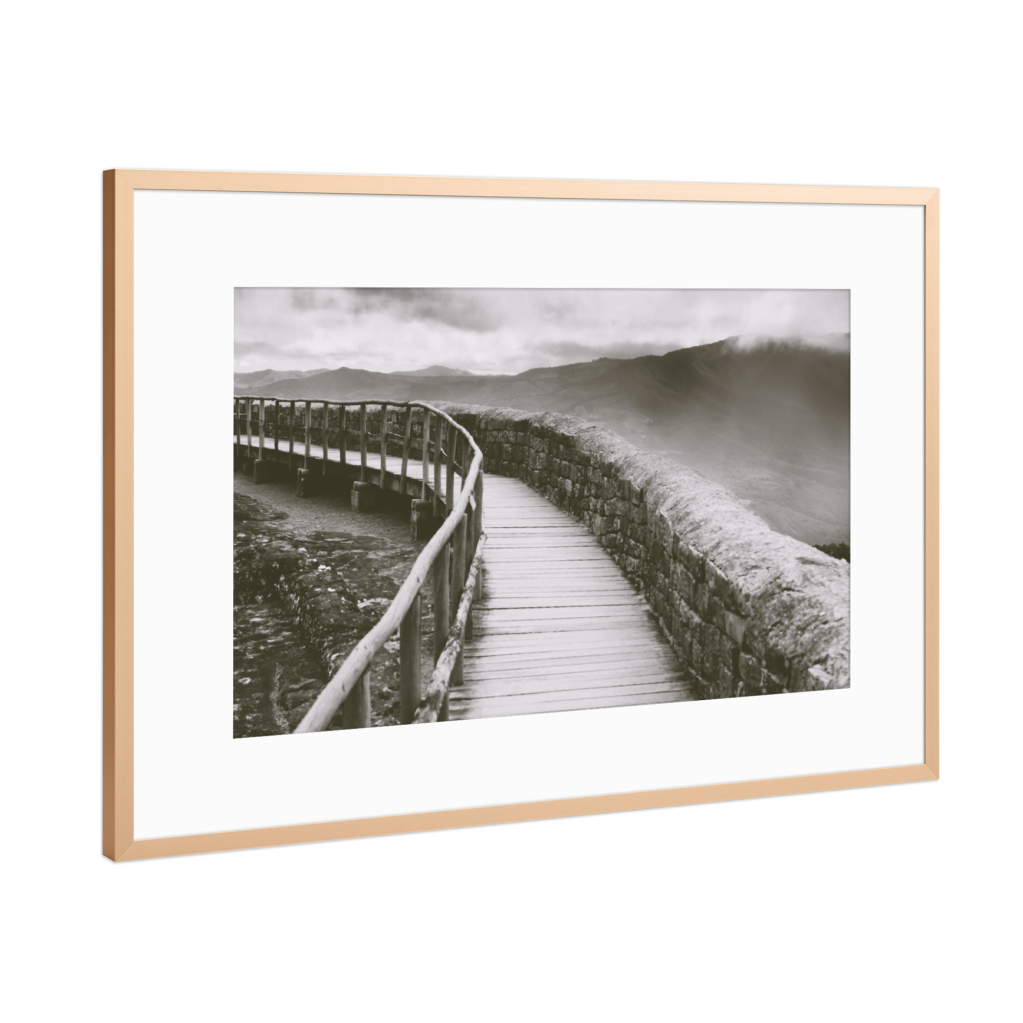 Poster mit Rahmen Kupfer "Bridge with Curve" artboxONE - Schwarzweiß,Architektur - Bridge,Architecture,Fog