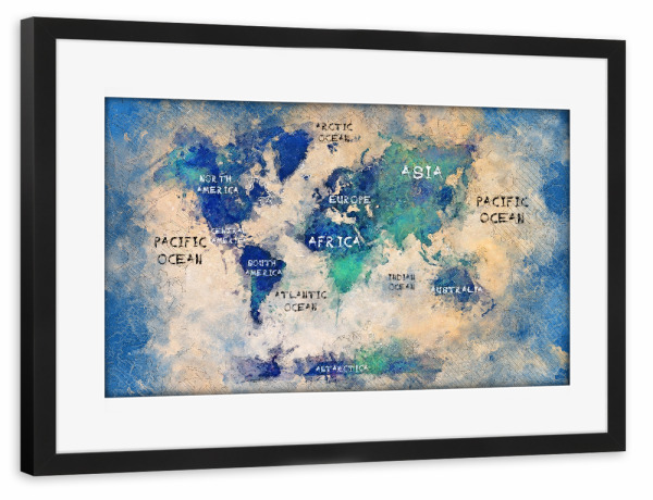 Poster mit Rahmen schwarz "World map green blue" artboxONE - Kartografie - Welt,Atlas,Reise
