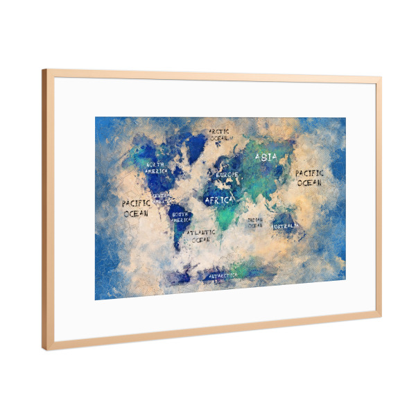 Poster mit Rahmen Kupfer "World map green blue" artboxONE - Kartografie - Welt,Atlas,Reise