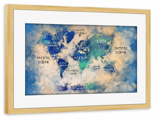 Poster mit Rahmen kiefer "World map green blue" artboxONE - Kartografie - Welt,Atlas,Reise