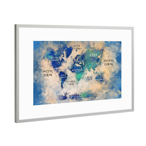 Poster mit Rahmen Silber "World map green blue" artboxONE - Kartografie - Welt,Atlas,Reise