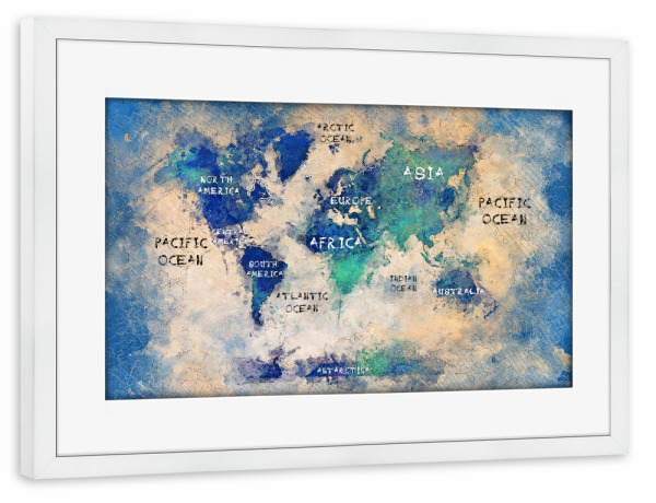 Poster mit Rahmen weiß "World map green blue" artboxONE - Kartografie - Welt,Atlas,Reise