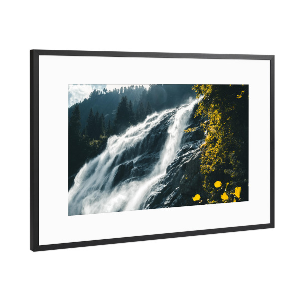 Poster mit Rahmen Schwarz (Metallic) "Wasser fällt" artboxONE - Natur - Wasserfall,Alpen,Berge,Sonnenaufgang,Wald