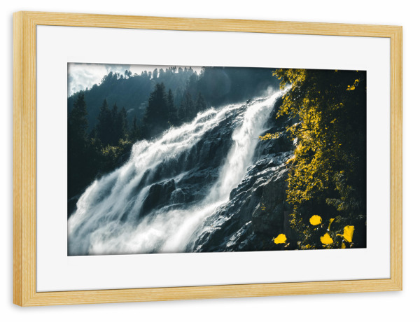 Poster mit Rahmen kiefer "Wasser fällt" artboxONE - Natur - Wasserfall,Alpen,Berge,Sonnenaufgang,Wald