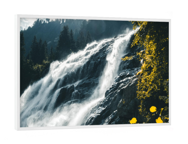 Poster mit weißem Rahmen "Wasser fällt" artboxONE - Natur - Wasserfall,Alpen,Berge,Sonnenaufgang,Wald