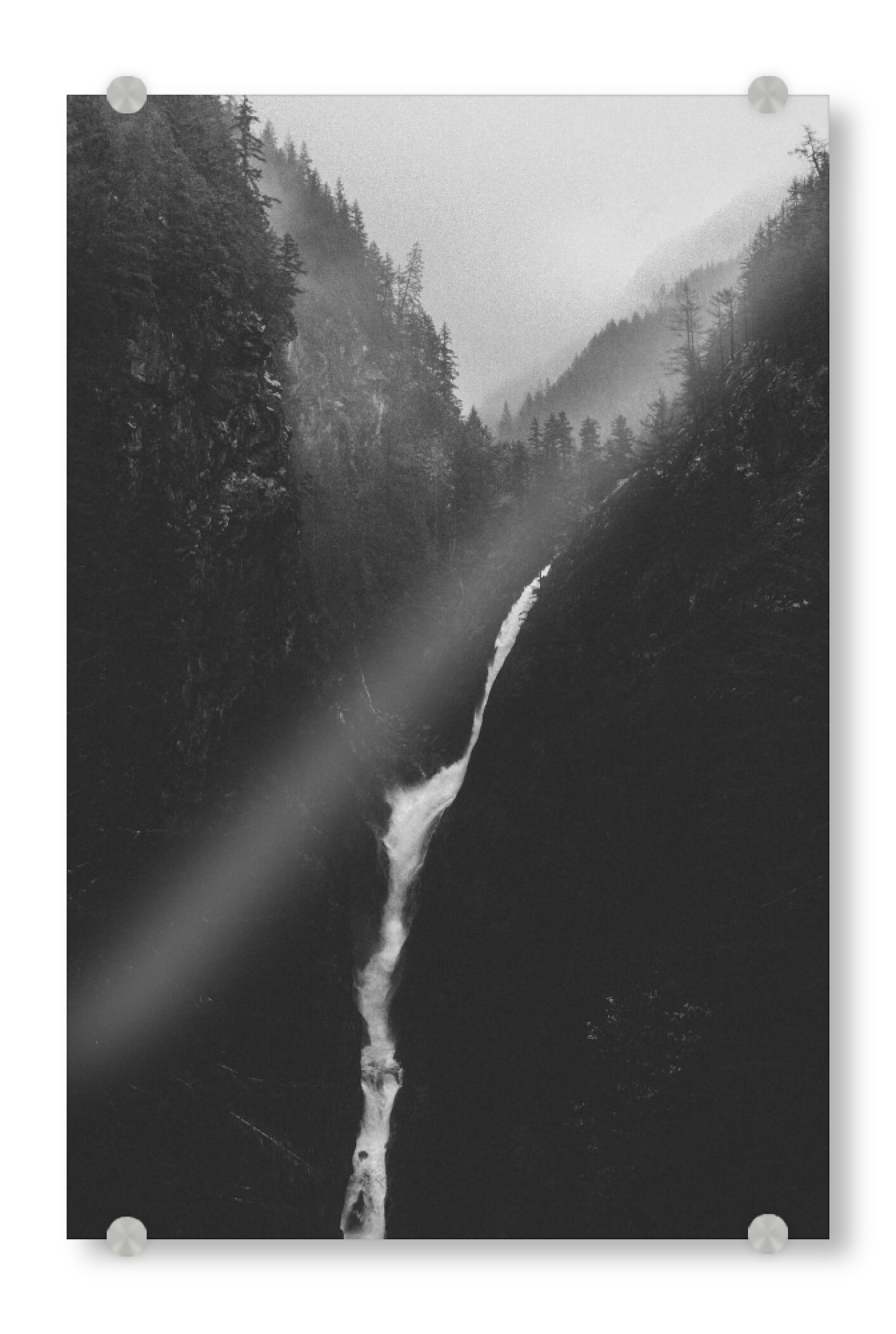 Acrylglasbild "Earthly miracle" artboxONE - Natur,Schwarzweiß - Waterfalll,Hills,Mountains,Water,Tree