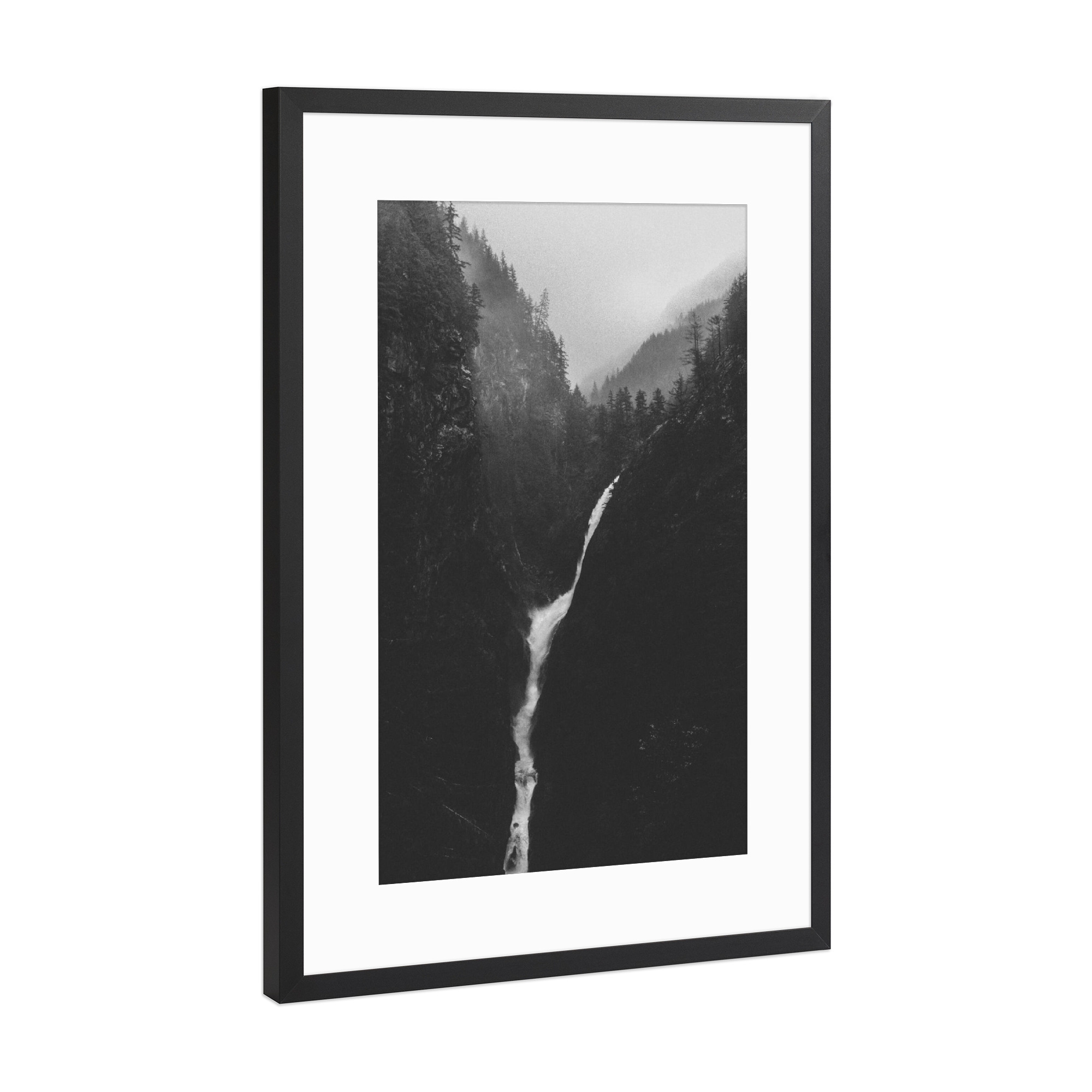 Poster mit Rahmen Schwarz (Metallic) "Earthly miracle" artboxONE - Natur,Schwarzweiß - Waterfalll,Hills,Mountains,Water,Tree
