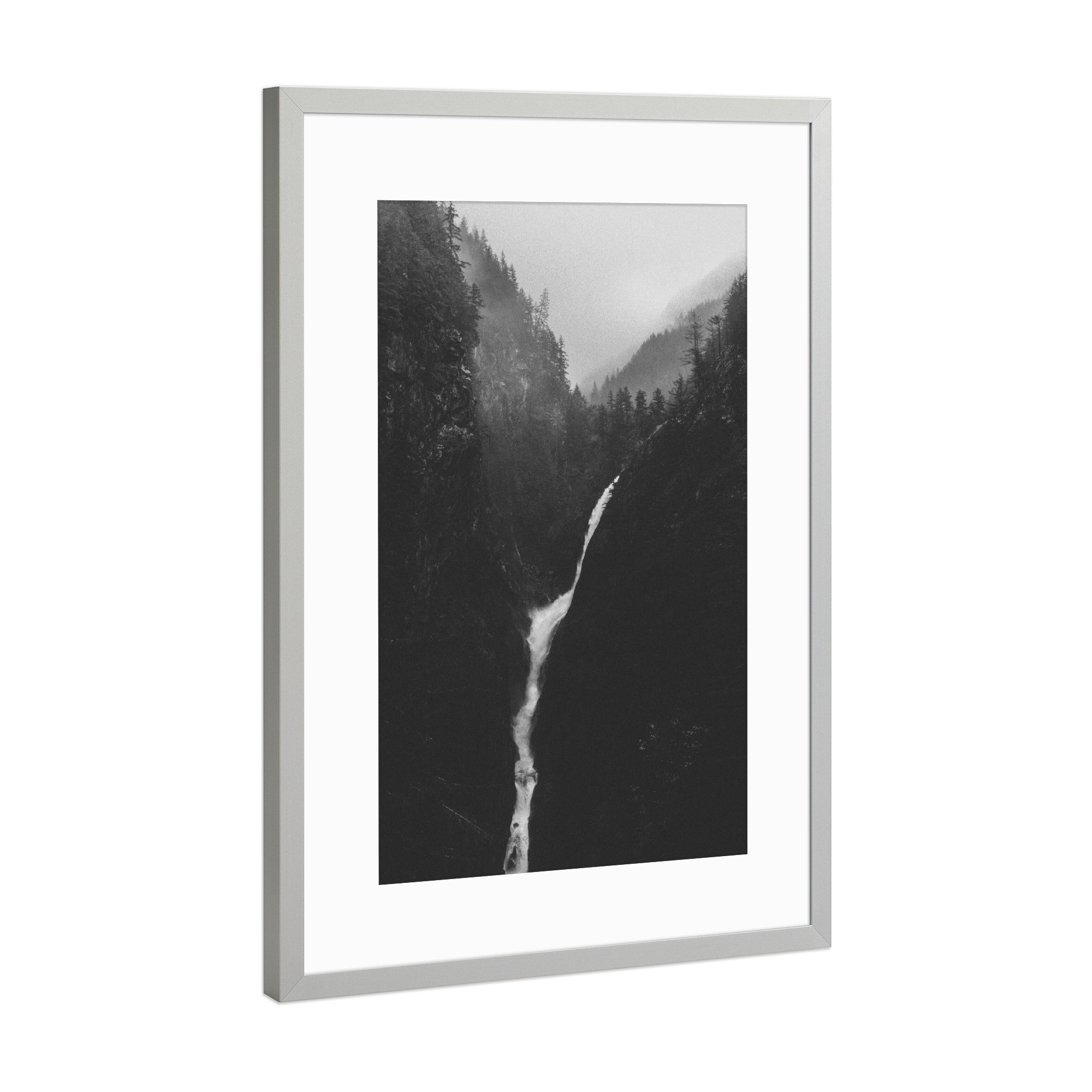 Poster mit Rahmen Silber "Earthly miracle" artboxONE - Natur,Schwarzweiß - Waterfalll,Hills,Mountains,Water,Tree