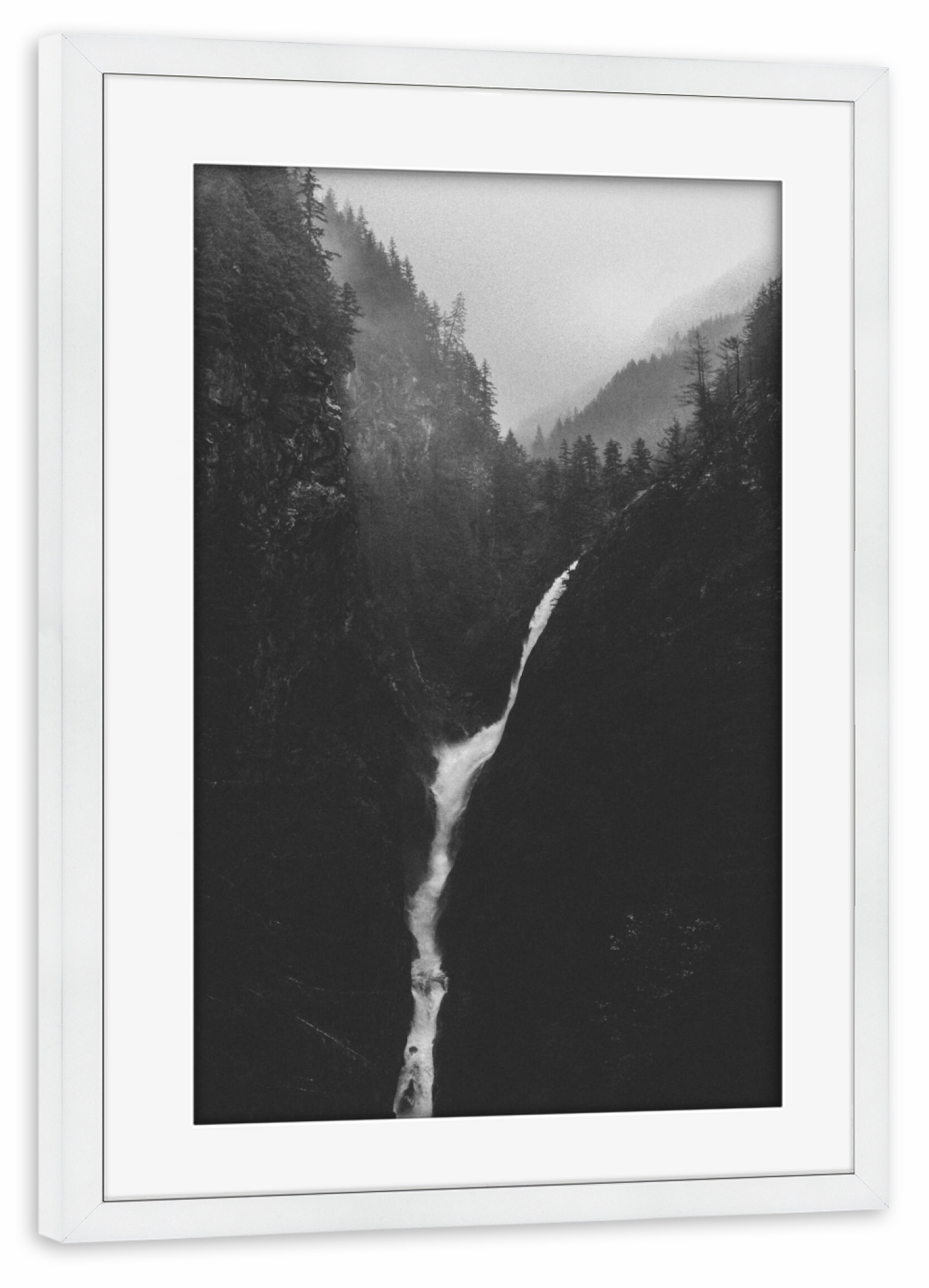 Poster mit Rahmen weiß "Earthly miracle" artboxONE - Natur,Schwarzweiß - Waterfalll,Hills,Mountains,Water,Tree