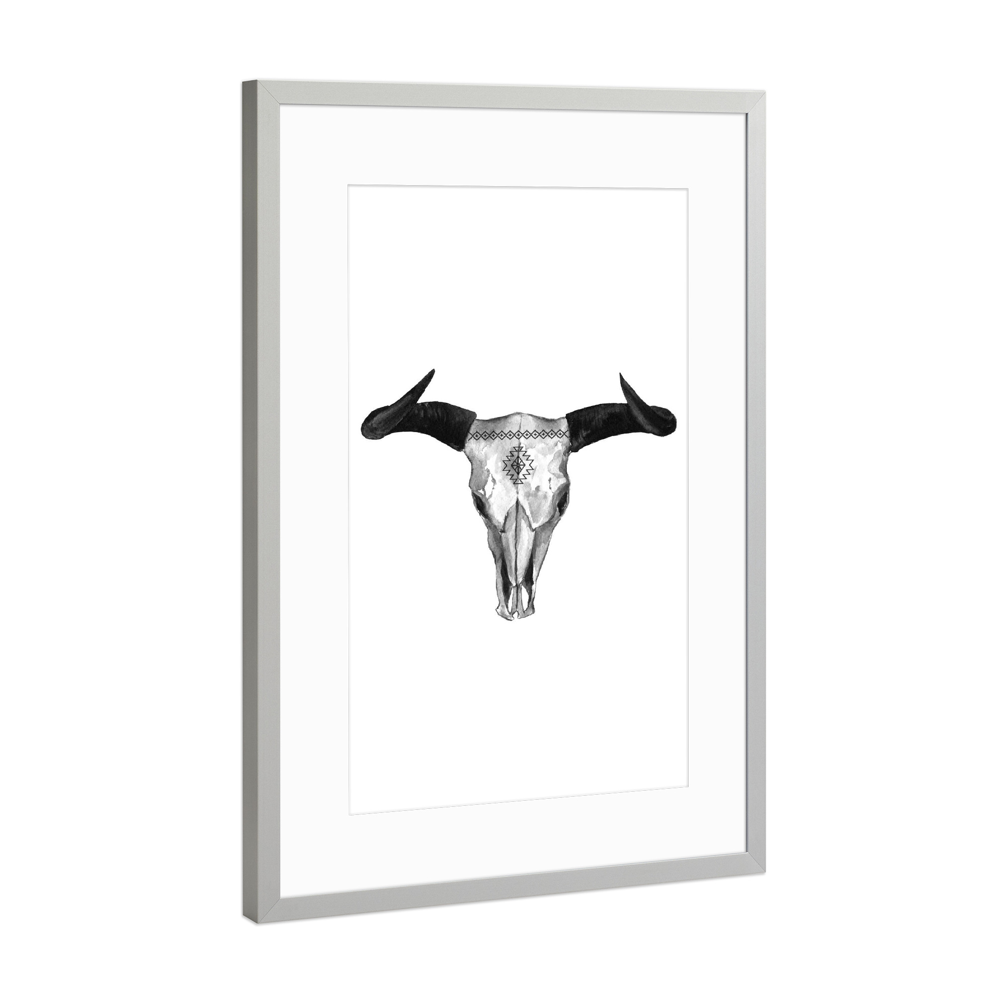 Poster mit Rahmen Silber "Watercolor Bull Skull" artboxONE - Tiere,Schwarzweiß - Stier,Schädel