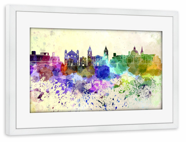 Poster mit Rahmen weiß "Valleta skyline in watercolor" artboxONE - Städte / Weitere - Valleta,Malta,Skyline
