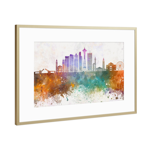 Poster mit Rahmen Gold "Seattle V2 skyline in watercolor" artboxONE - Städte - Seattle