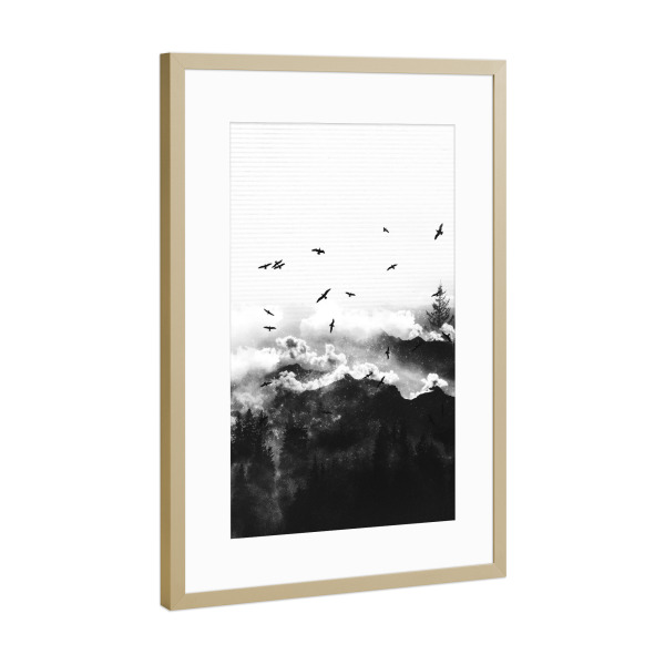 Poster mit Rahmen Gold "Whispering heights" artboxONE - Natur,Schwarzweiß - Birds,Mountains,Sky,Clouds