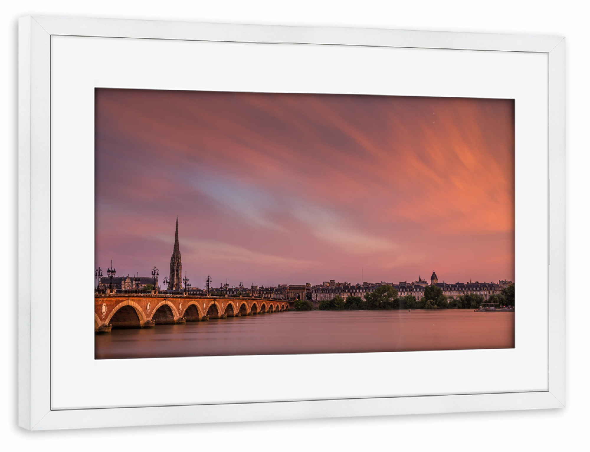 Poster mit Rahmen weiß "Pont de Pierre" artboxONE - Städte - Sonnenuntergang,Brücke,Garonne,Fluss