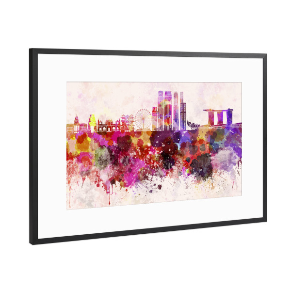 Poster mit Rahmen Schwarz (Metallic) "Singapore V2 skyline in watercolor" artboxONE - Städte / Singapur - Singapore
