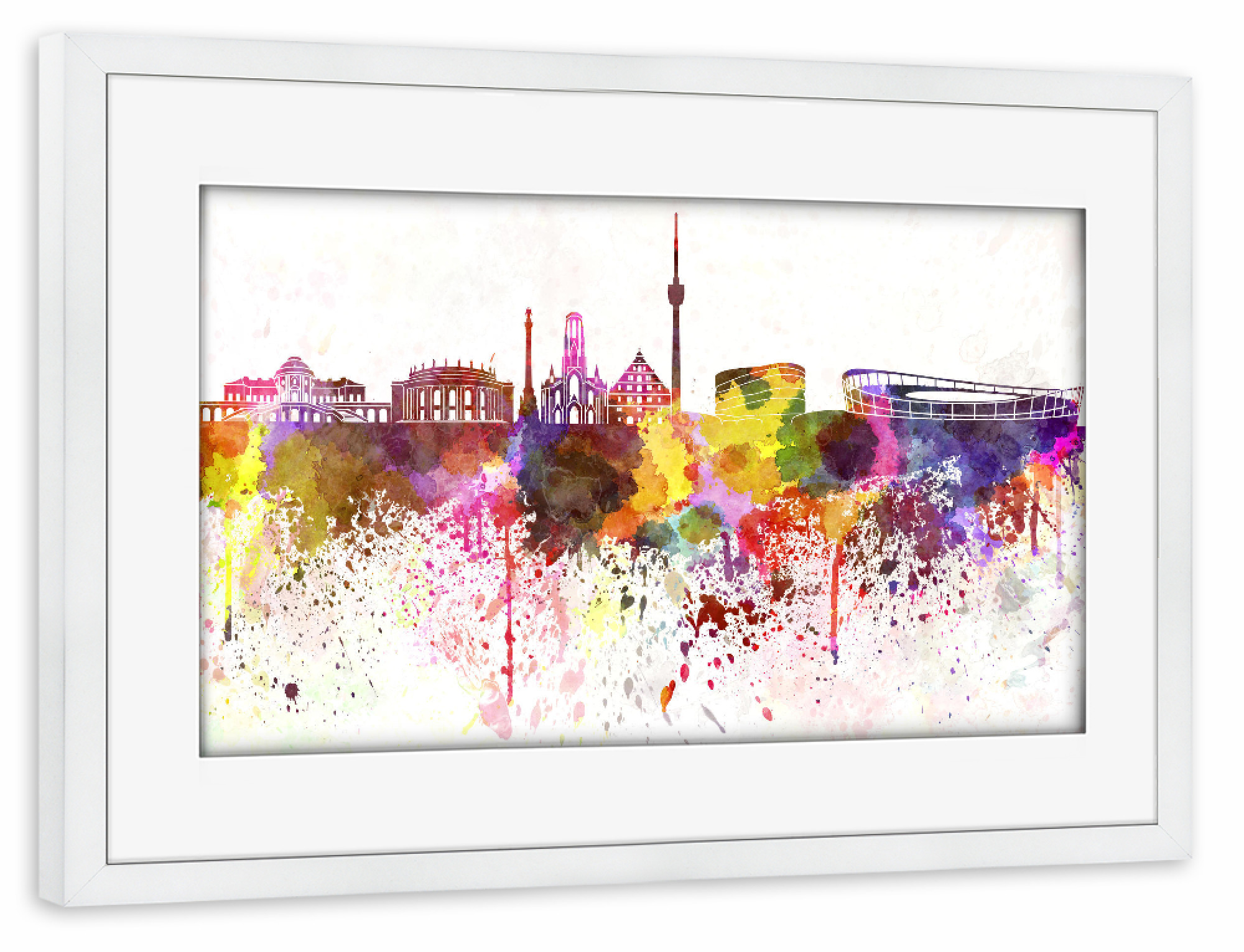 Poster mit Rahmen weiß "Stuttgart skyline in watercolor" artboxONE - Städte / Stuttgart - Stuttgart