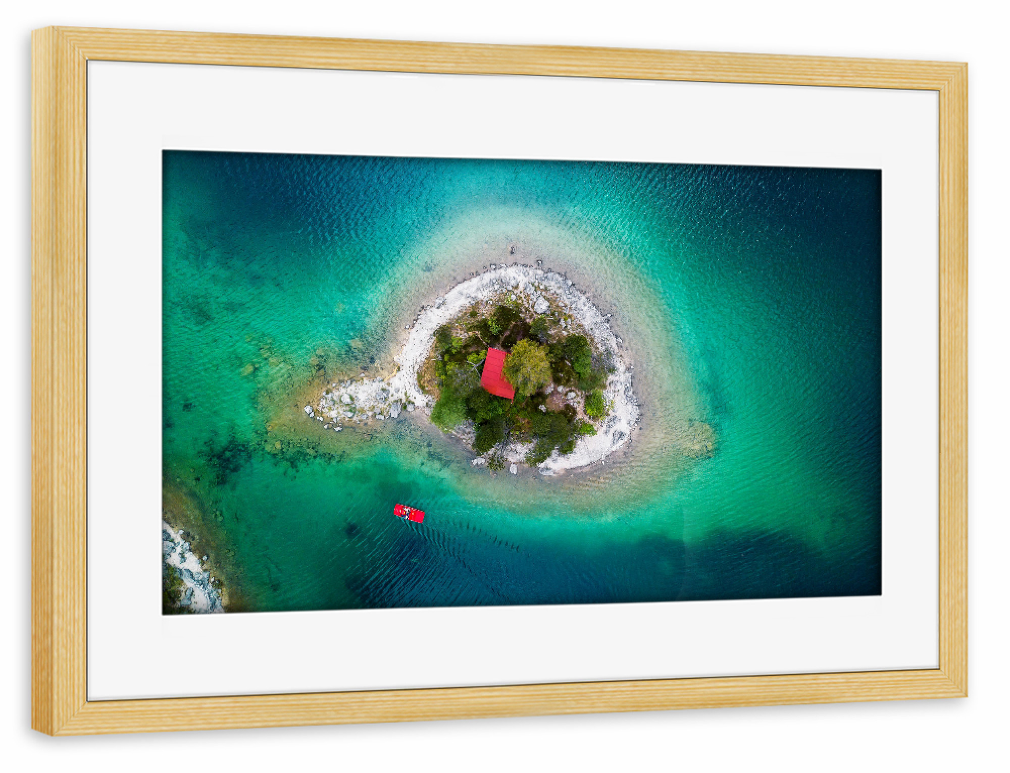 Poster mit Rahmen kiefer "Alpenkaribik" artboxONE - Reise / Strand und Meer - Drohne,Insel,Karibik,Alpen