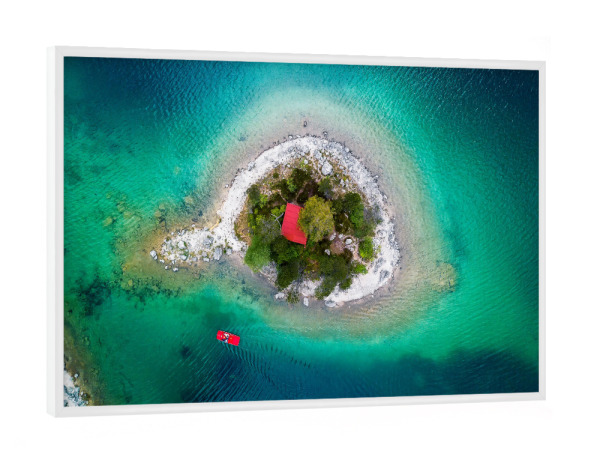 Poster mit weißem Rahmen "Alpenkaribik" artboxONE - Reise / Strand und Meer - Drohne,Insel,Karibik,Alpen