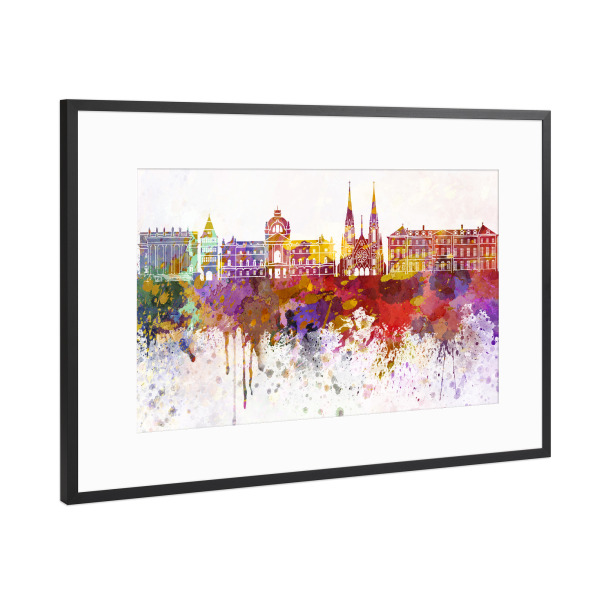 Poster mit Rahmen Schwarz (Metallic) "Strasbourg skyline in watercolor" artboxONE - Städte - Strasbourg,France