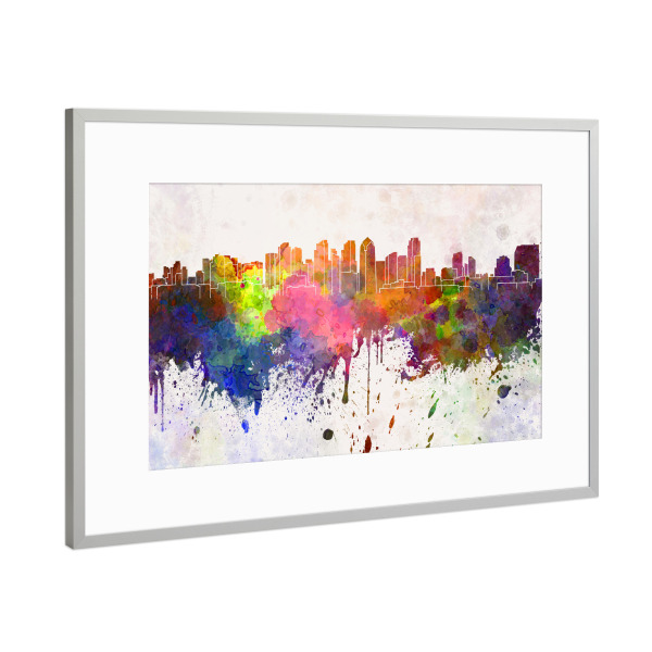Poster mit Rahmen Silber "San Diego skylin ein watercolor" artboxONE - Städte - California