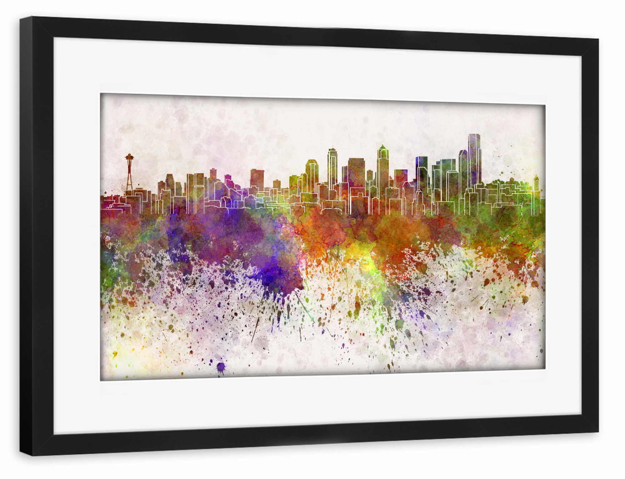 Poster mit Rahmen schwarz "Seattle skyline in watercolor" artboxONE - Städte - Seattle,Washington