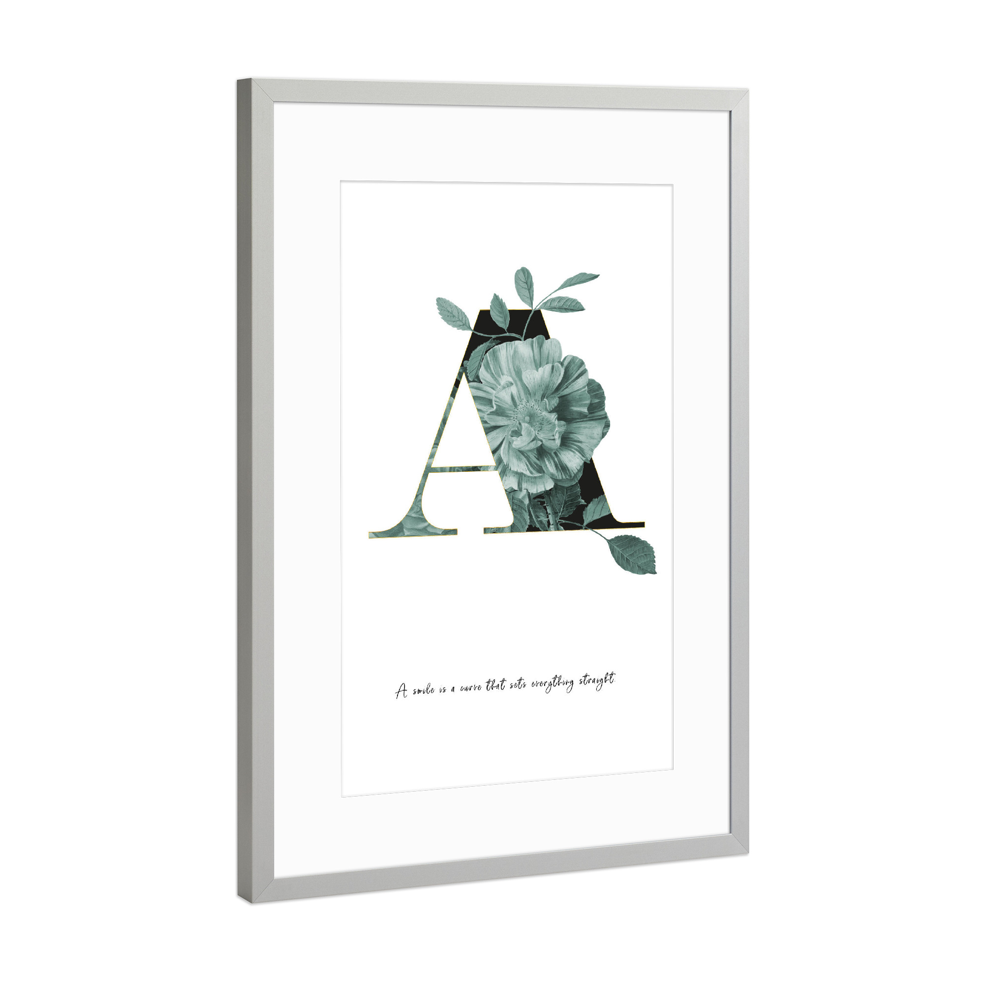 Poster mit Rahmen Silber "Floral Alphabet-A" artboxONE - Schwarzweiß,Buchstaben,Buchstaben / A